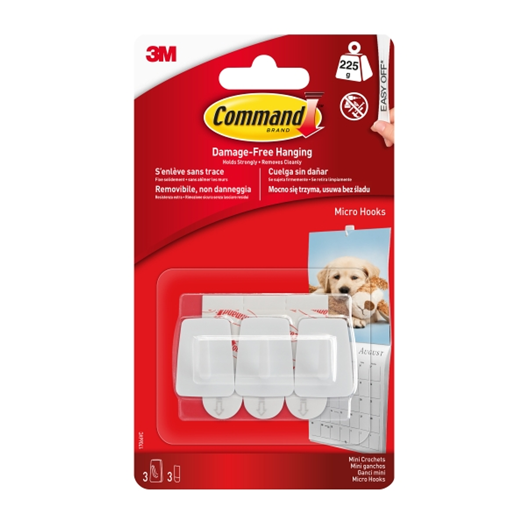 Command Mini Pack de 3 Ganchos - 3 Tiras Adhesivas - Soportan hasta 225G - Color Blanco 1