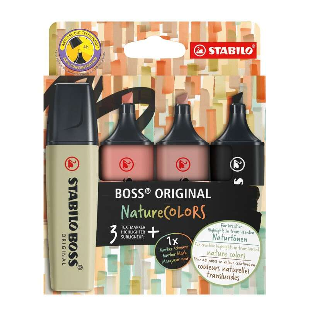 Stabilo Boss Naturecolors Pack de 4 Marcadores - Trazo entre 2 y 5mm - Tinta con Base de Agua - Colores Negro, Ocre Oscuro, Siena y Verde Barro 1
