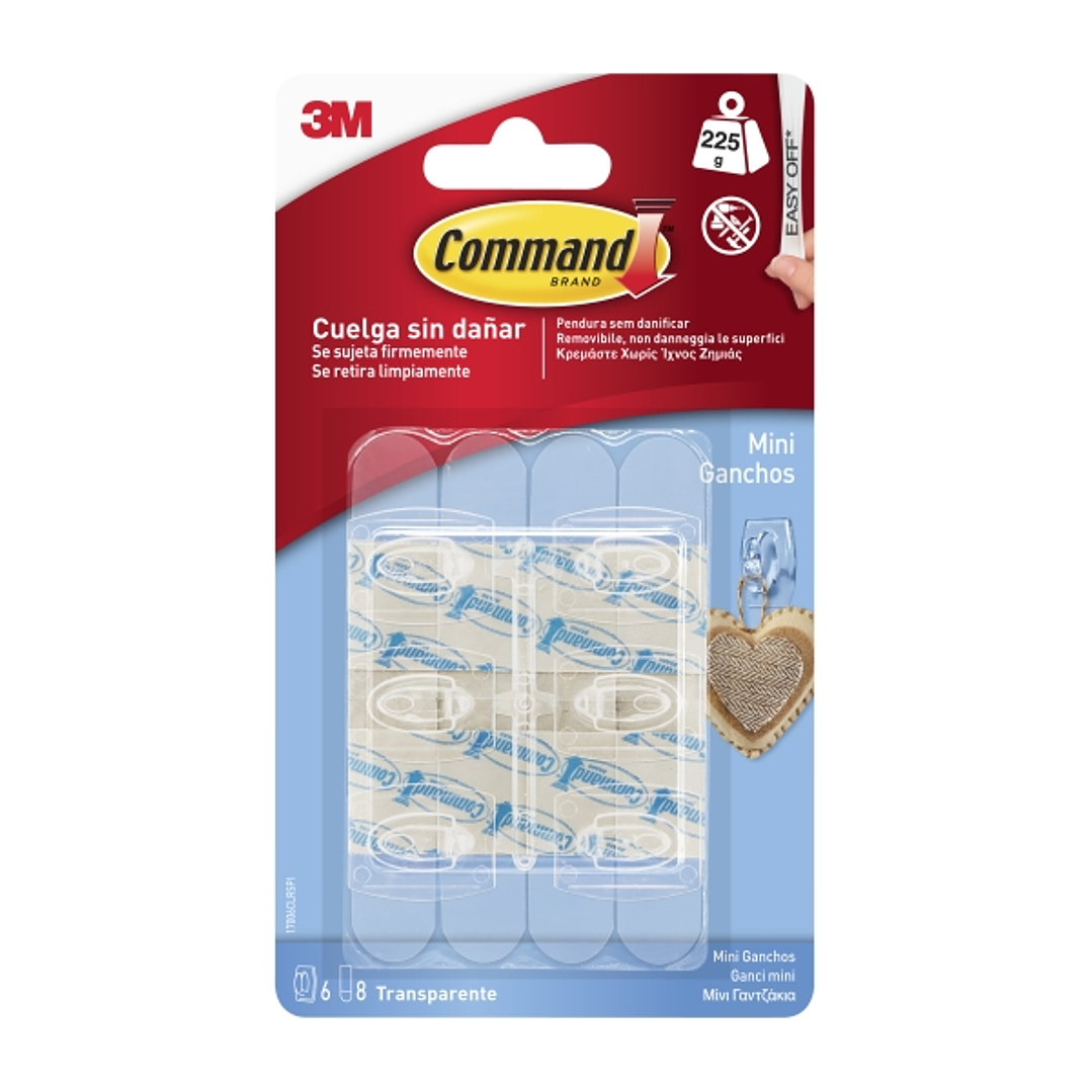 Command Mini Pack de 6 Ganchos - 8 Tiras Adhesivas - Soportan hasta 225G - Color Transparente 1