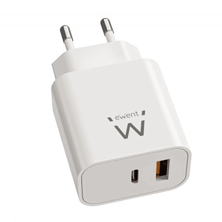 Ewent EW1318 Cargador GAN 20W - USB-C PD y USB-A QC - Carga Rapida - Alta Eficiencia - Diseño Compacto - Color Blanco 1