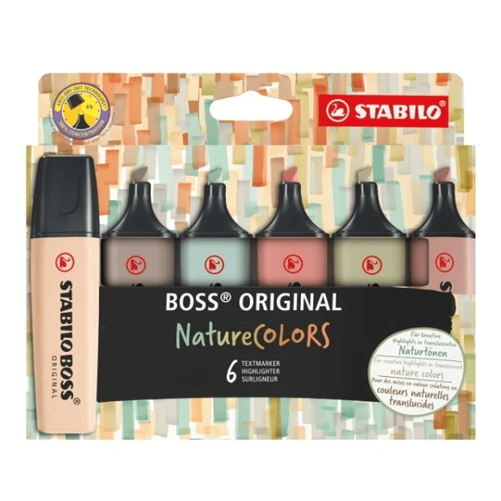 Stabilo Boss Naturecolors Pack de 6 Marcadores - Trazo entre 2 y 5mm - Tinta con Base de Agua - Colores Siena, Beige, Ocre Oscuro, Gris Calido, Verde  1