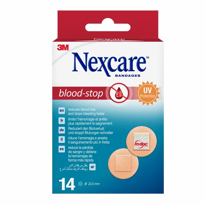 Nexcare Blood-Stop Pack de 14 Apositos Tipo Parche - 22mm de Diametro - Resistente al Agua - Mayor Rapidez Deteniendo Hemorragias - Color Piel 1
