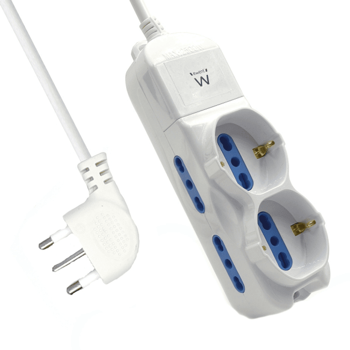 Ewent Regleta con 6 Tomas - 4 Tomas L + 2 Tomas L/F (Schuko) - Proteccion Infantil - Enchufe Italiano Plano en Angulo - Cable de 1.5m - Color Blanco 1