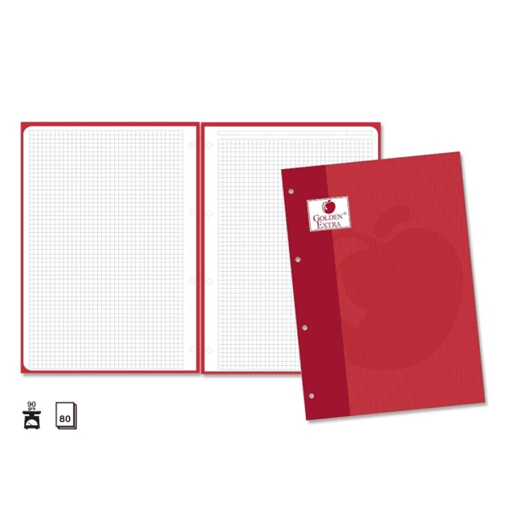 Golden Extra Recambio de 80 Hojas 90gr Cuadricula 4x4 - Formato A4 - 4 Taladros y Banda de Color Rojo 1
