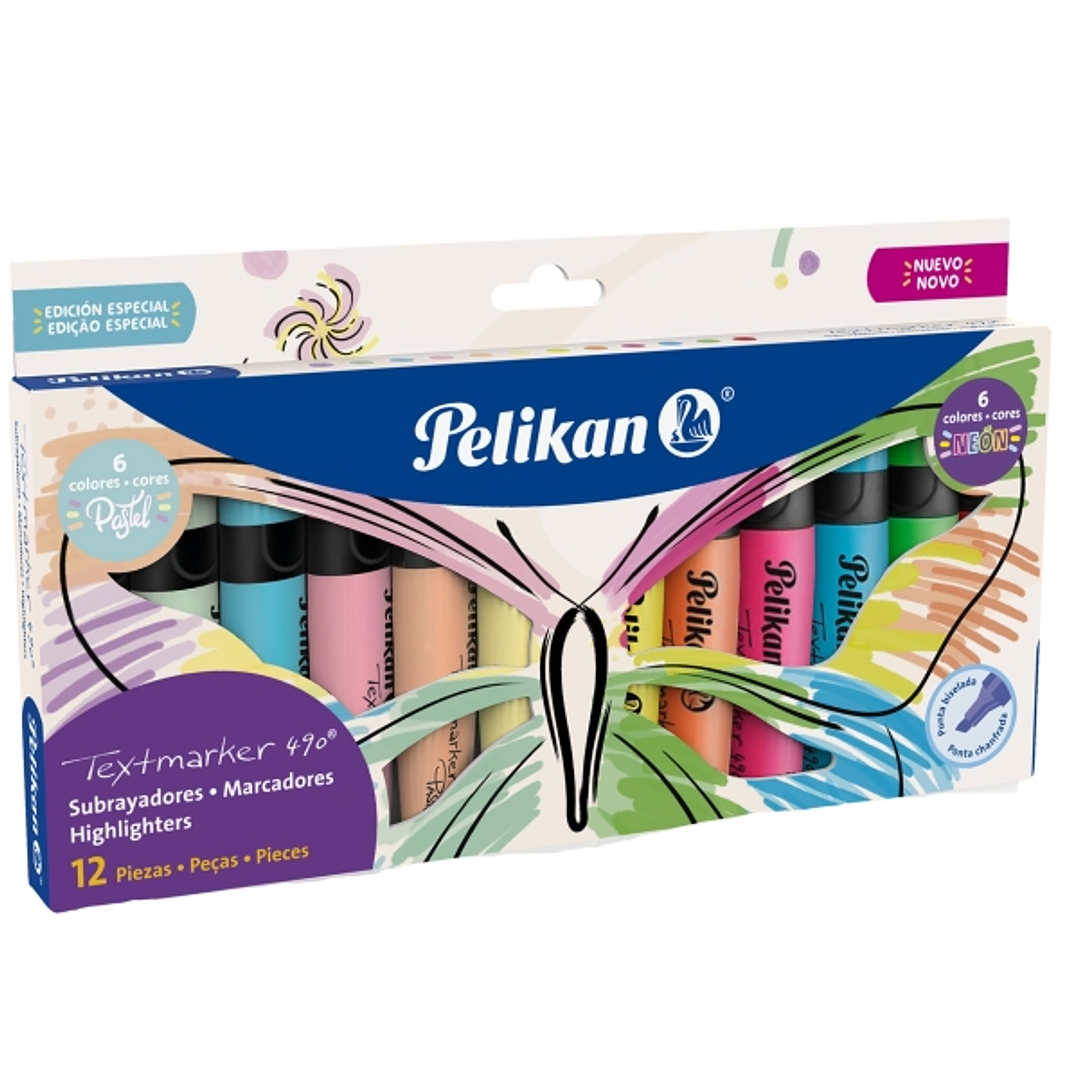 Pelikan Textmarker 490 Pack con 12 Marcadores Fluorescentes - Base de Agua - 3 Anchos de Trazo - Colores Fluor y Pastel Surtidos 1