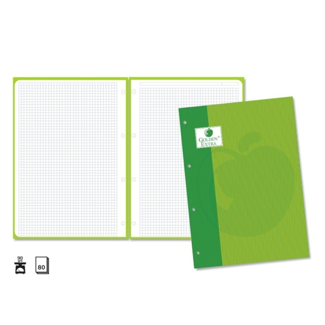 Golden Extra Recambio de 80 Hojas 90gr Cuadricula 4x4 - Formato A4 - 4 Taladros y Banda de Color Verde 1
