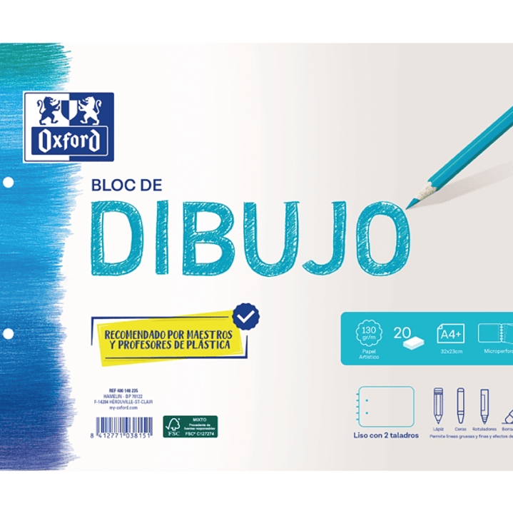 Oxford Dibujo Escolar Bloc Espiral A4+ - Tapa Blanda/Contratapa Rigida - 20 Hojas 130gr Liso - 2 Taladros 1
