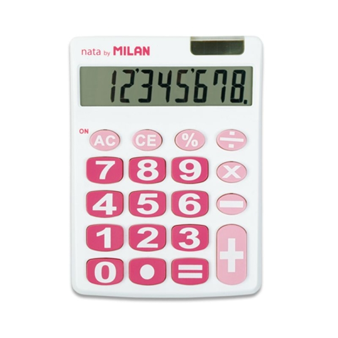 Milan Nata Calculadora de Sobremesa 8 Digitos - Teclas Grandes - Apagado Automatico - Color Blanco y Rosa 1