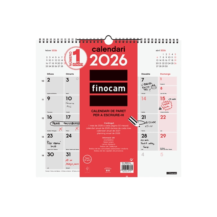 Finocam Calendario de Pared en Catalan - Anual 2026 - 340x5x330mm - Espacio para Escribir - Color Blanco y Rojo 1
