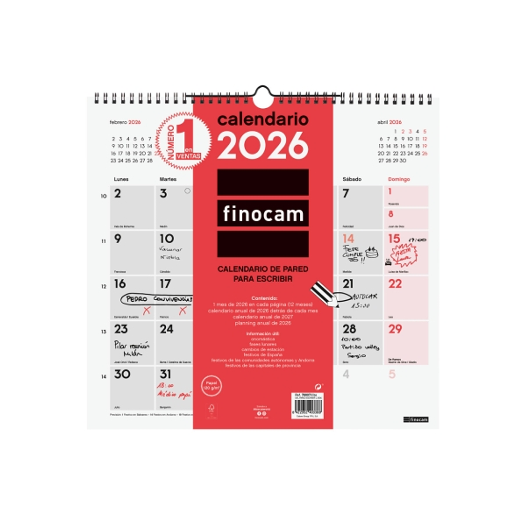 Finocam Calendario de Pared - Anual 2026 - 340x5x330mm - Espacio para Escribir - Color Blanco y Rojo 1