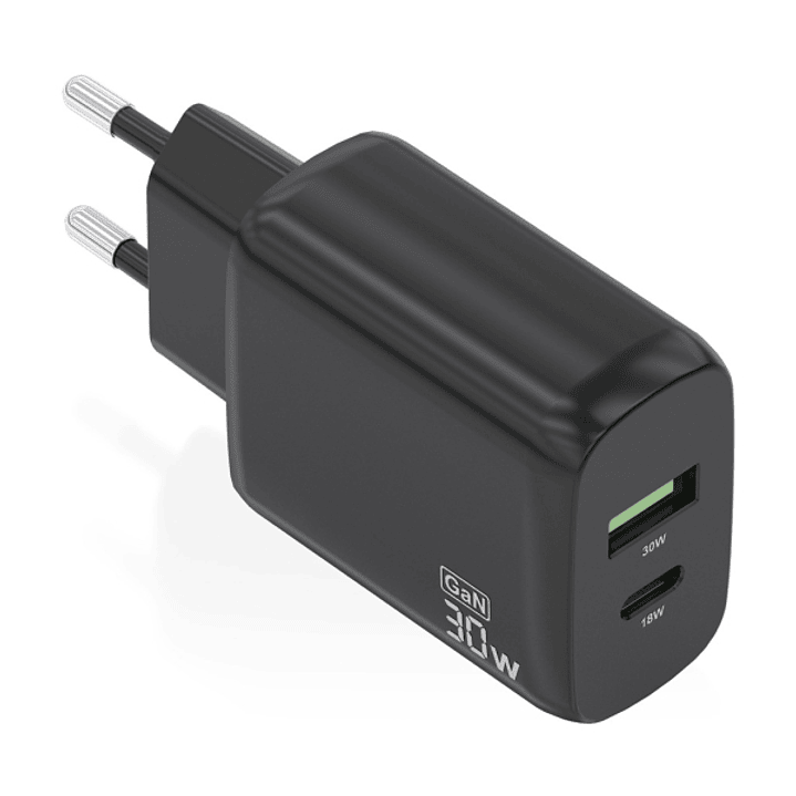 Aisens Cargador GaN 30W - 1xUSB-C PD3.0 QC4.0 - 1xUSB-A QC3.0 - Color Negro 1
