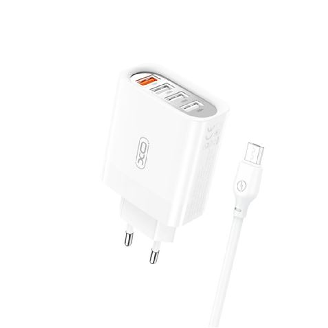 XO L100 Pack Cargador de Corriente 18W - 4x USB-A - Proteccion Intelifente + Cable USB-A a MicroUSB 2.4A 1