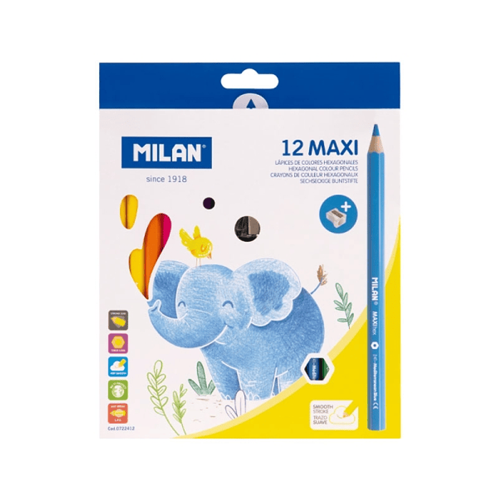 Milan Maxi Pack de 12 Lapices de Colores - Incluye Sacapuntas - Hexagonales - Colores Surtidos 1