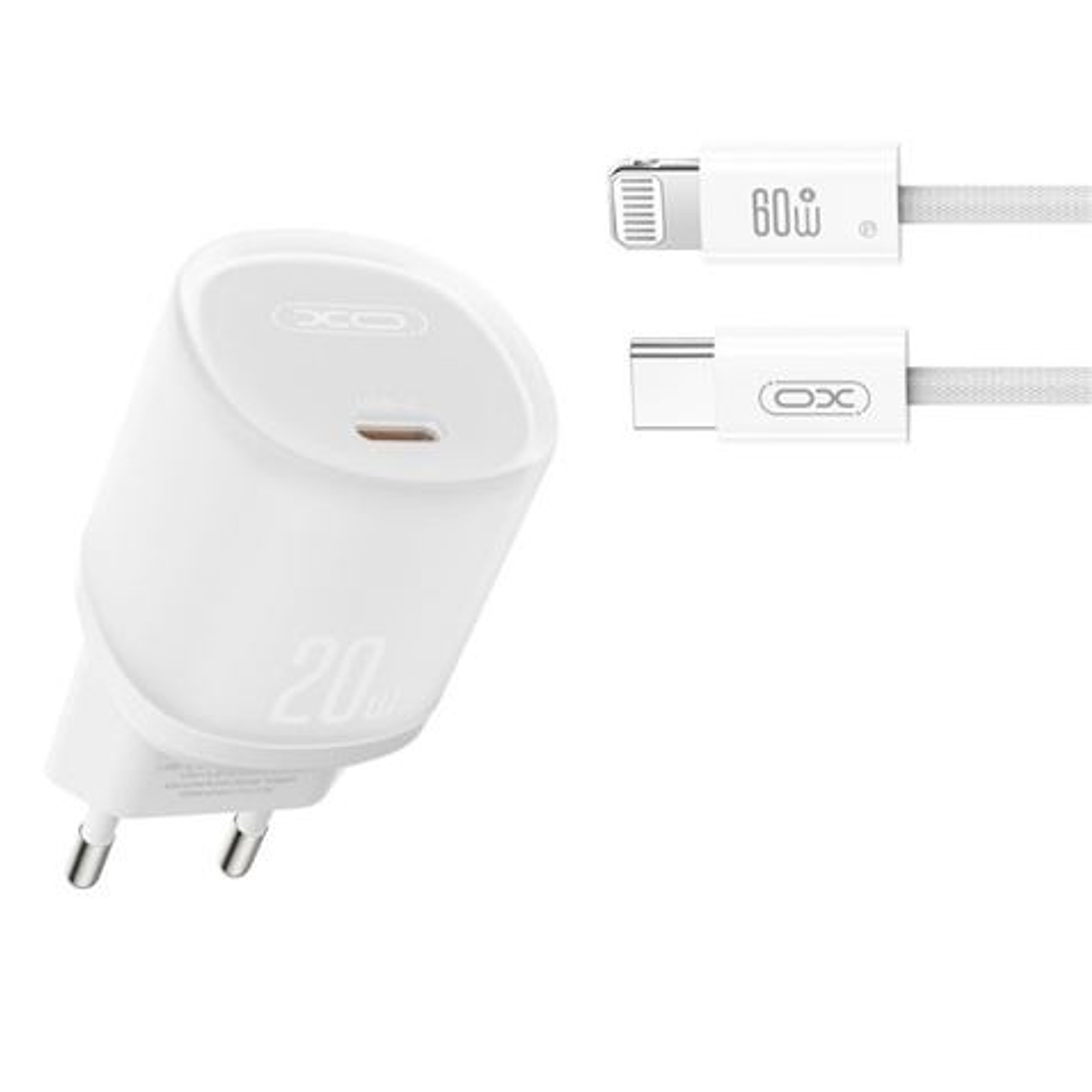 XO L143 Cargador de Corriente 20W - USB-C - PD 3.0 y QC 3.0 - Incluye Cable USB-C a Lightning - Color Blanco 1