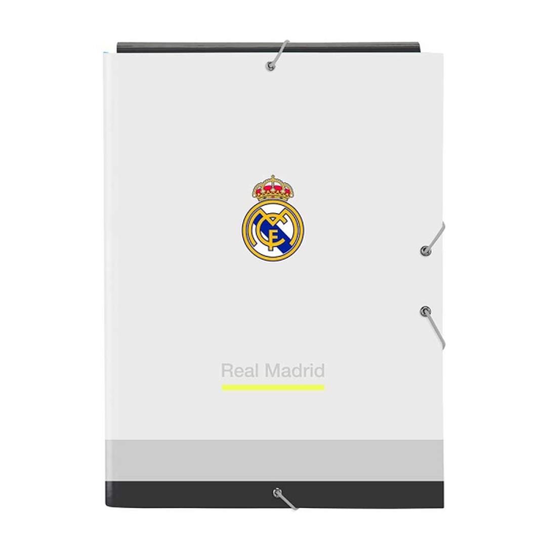 Safta Real Madrid Carpeta 3 Solapas - Tapas Duras Forradas - Cierre con Gomas Elasticas - Formato Folio - 26x33.5x2.5cm - Color Blanco y Negro 1