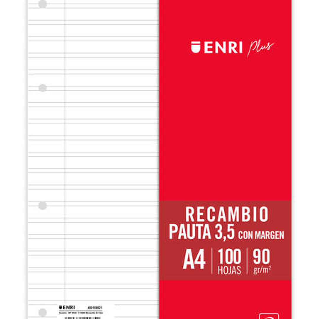 Enri Plus Recambio Formato A4 - Pautado 3.5mm 4 Taladros - 100 Hojas 90gr con Margen 1