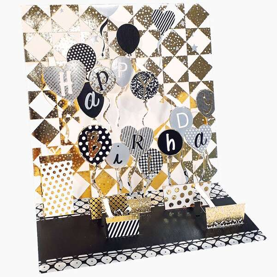 Pictura Tarjeta 3D Pop-Up - 16x16cm - Tematica Globos de Cumpleaños - Embolsada Individualmente - Incluye Sobre Blanco - Papel con Certificacion FSC 1