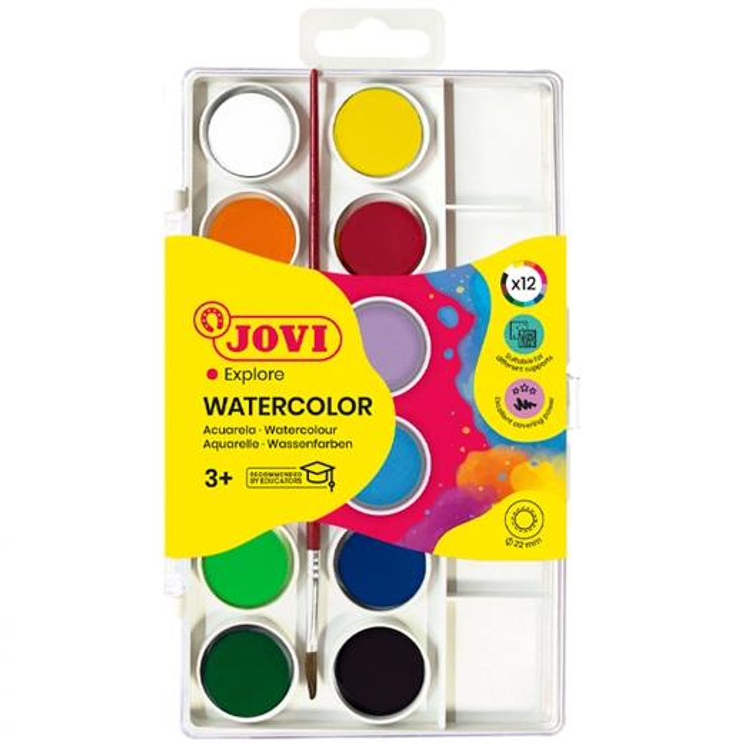 Jovi Pack de 12 Acuarelas en Pastilla 22mm + Pincel - Brillantes - Facilmente Mezclables - Colores Surtidos 1