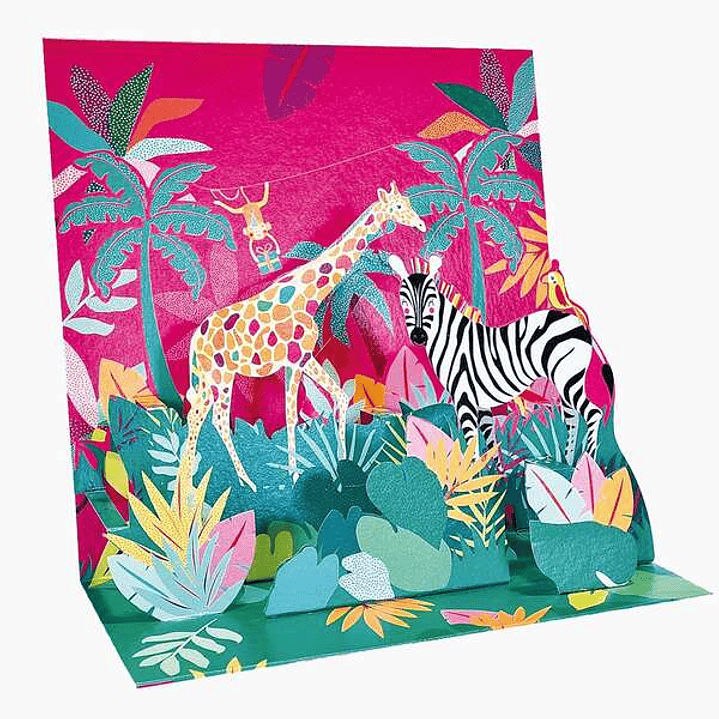 Pictura Tarjeta 3D Pop-Up - 16x16cm - Tematica Jungla - Embolsada Individualmente - Incluye Sobre Blanco - Papel con Certificacion FSC 1