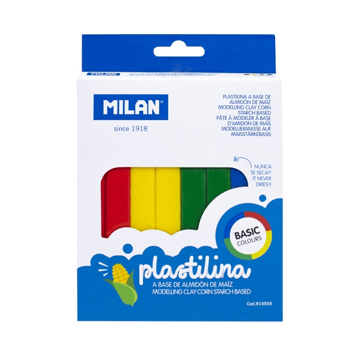 Milan Pack de 4 Barras de Plastilina de Colores - 100% Vegetal - Muy Moldeable - No Se Seca - Colores Mezclables - 330g - Colores Surtidos 1