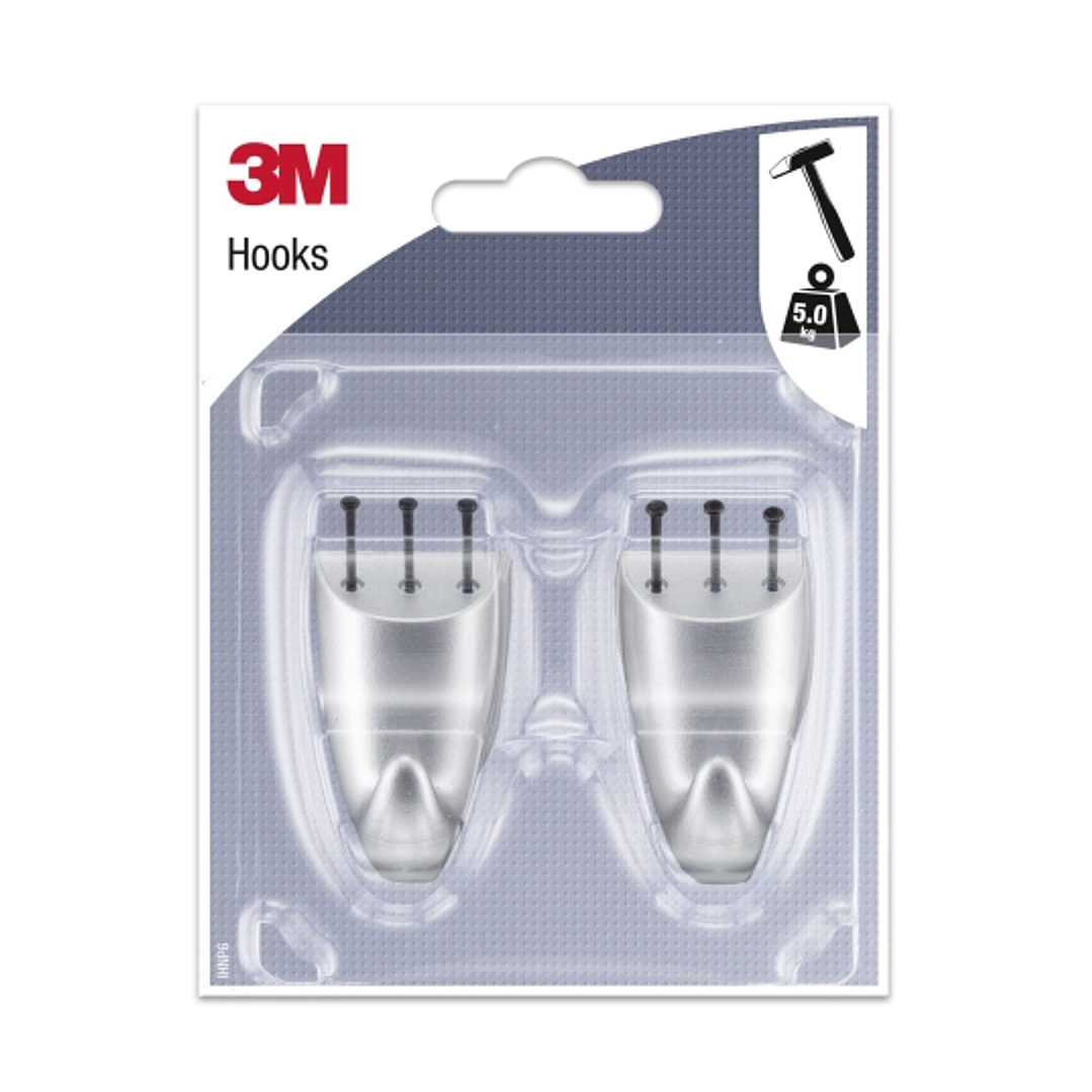 3M Pack de 2 Ganchos para Clavar - Formato M - Soporta hasta 5kg - Color Gris Metalizado 1