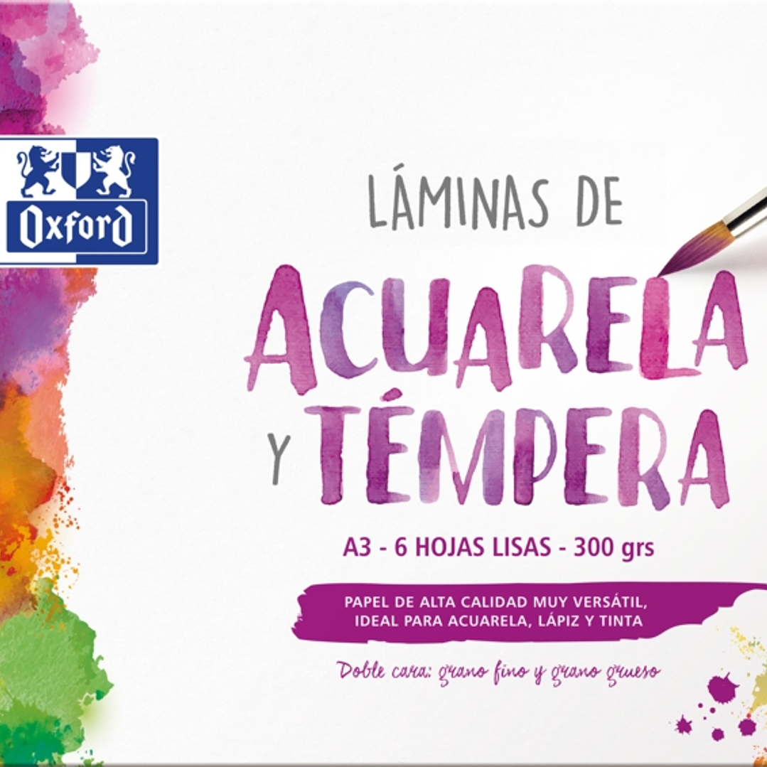 Oxford Pintura Escolar - Sobre de Laminas de Acuarela y Tempera A3 - 6 Hojas de 300gr - Papel Liso de Alta Calidad 1