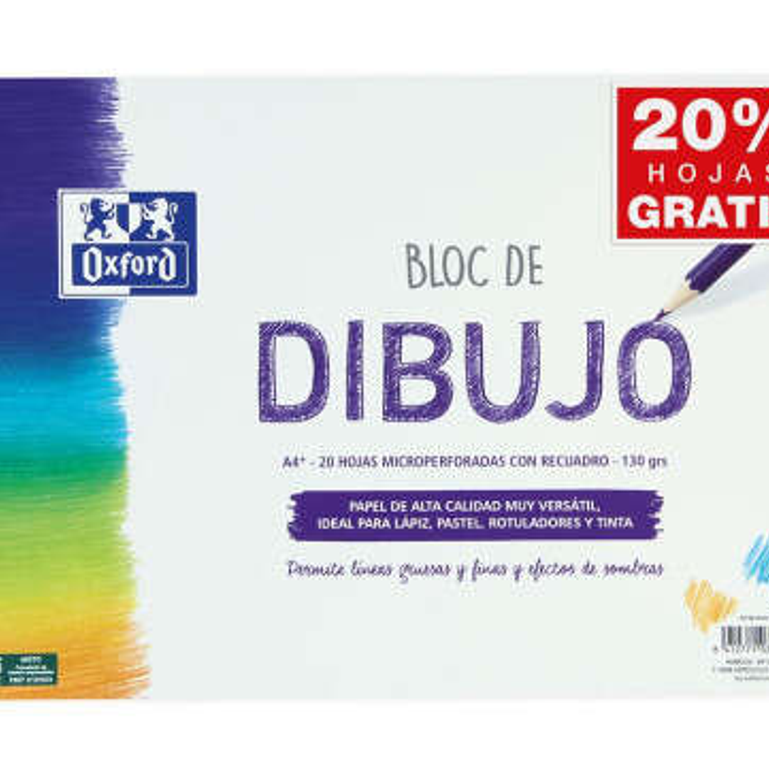 Oxford Bloc de Dibujo Escolar Espiral Formato A4+ con Reacuadro - 20 Hojas Microperforadas 130gr Color natural - Papel de Superfície Rugosa 1