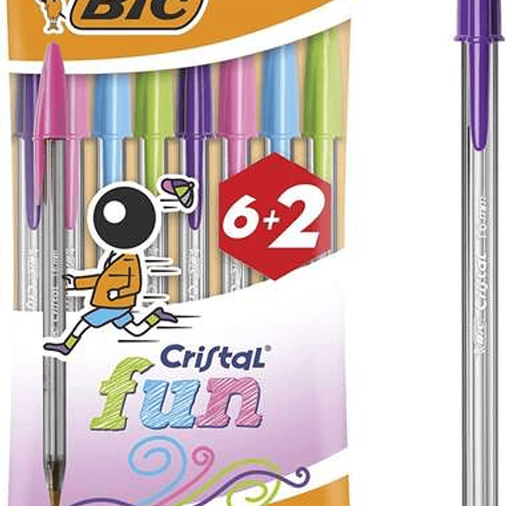 Bic Cristal Fun 6+2 Pack de 8 Boligrafos de Bola - Punta Redonda de 1.6mm - Trazo 0.42mm - Tinta con Base de Aceite - Colores Surtidos 1