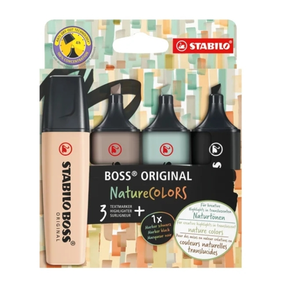 Stabilo Boss Naturecolors Pack de 4 Marcadores - Trazo entre 2 y 5mm - Tinta con Base de Agua - Colores Negro, Beige, Gris Calido y Verde Tierra 1