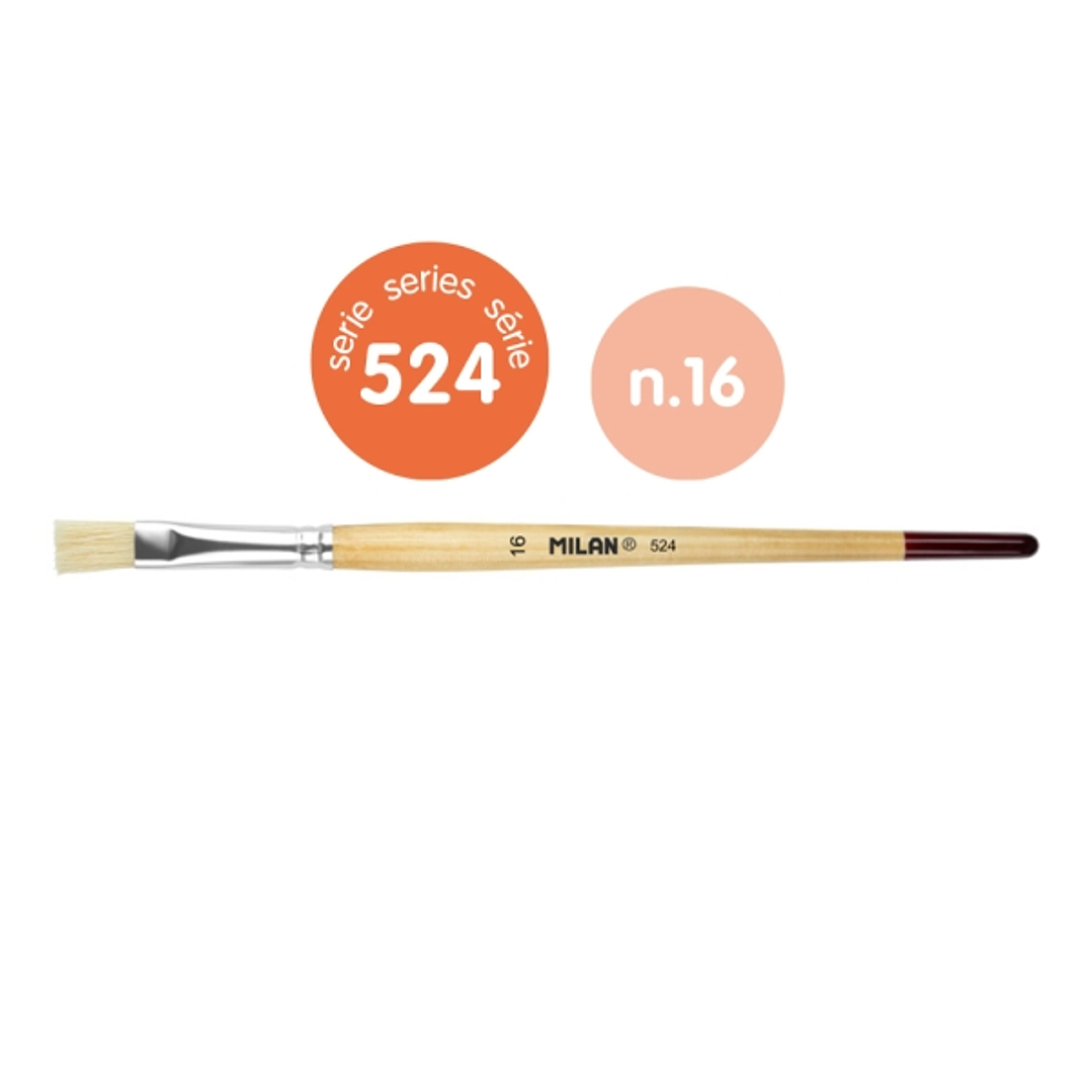 Milan 524 Pack de 6 Pinceles Planos Numero 16 - Bolsa con Colgador - Cerda Natural - Mango Corto - Color Madera Claro 1