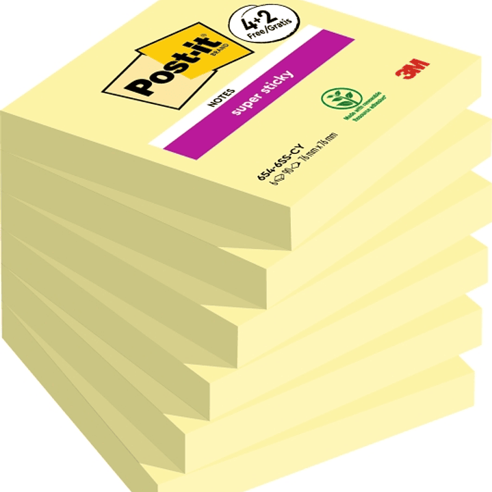 Post-It Super Sticky Pack de 6 Blocs de 90 Notas Adhesivas Reposicionables - 76x76mm - Promocion 4 Blocs + 2 Gratis - Color Amarillo Claro 1