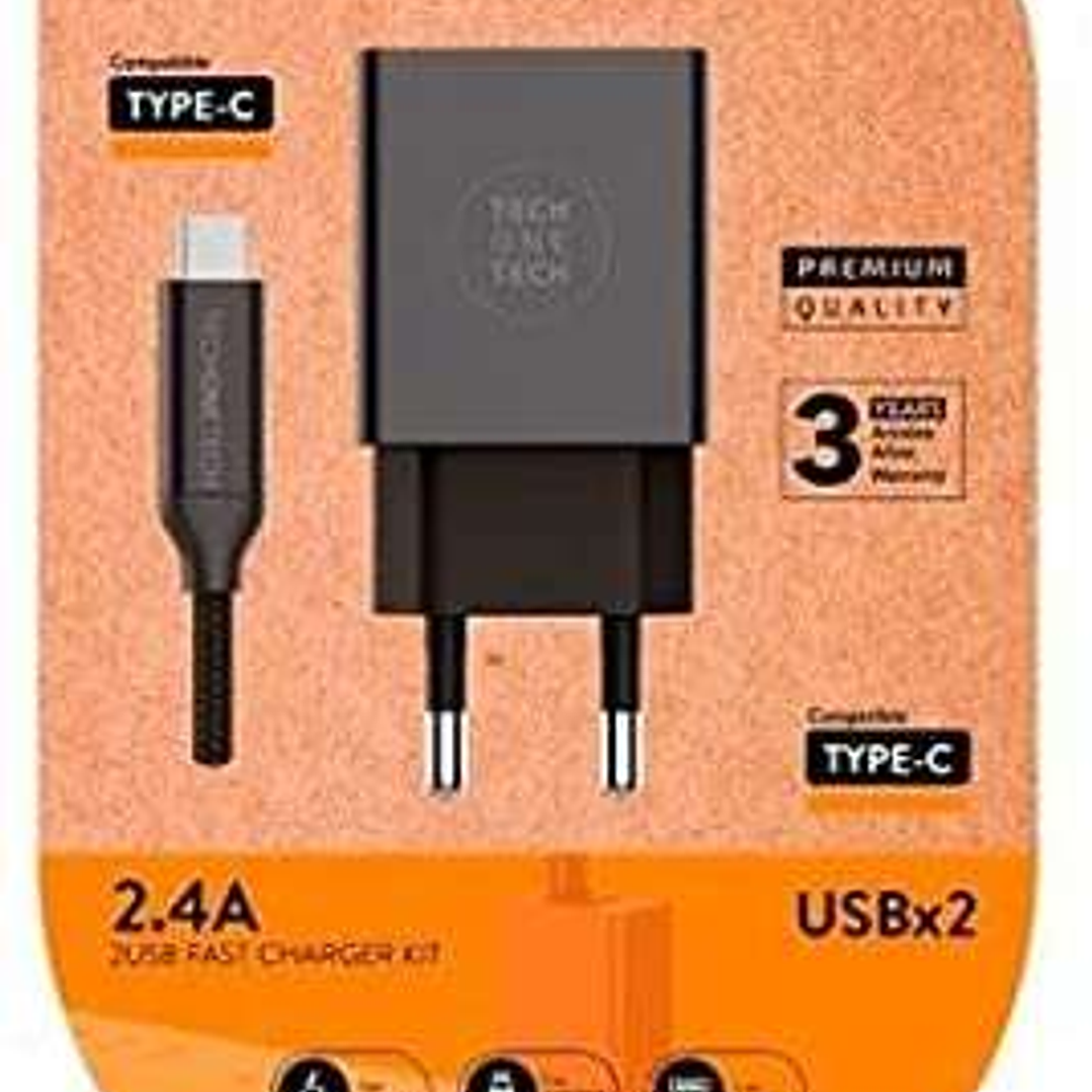 TechOneTech Cargador Doble de Pared + Cable USB-A a USB-C 1m - Recubierto de Nylon Trenzado 1