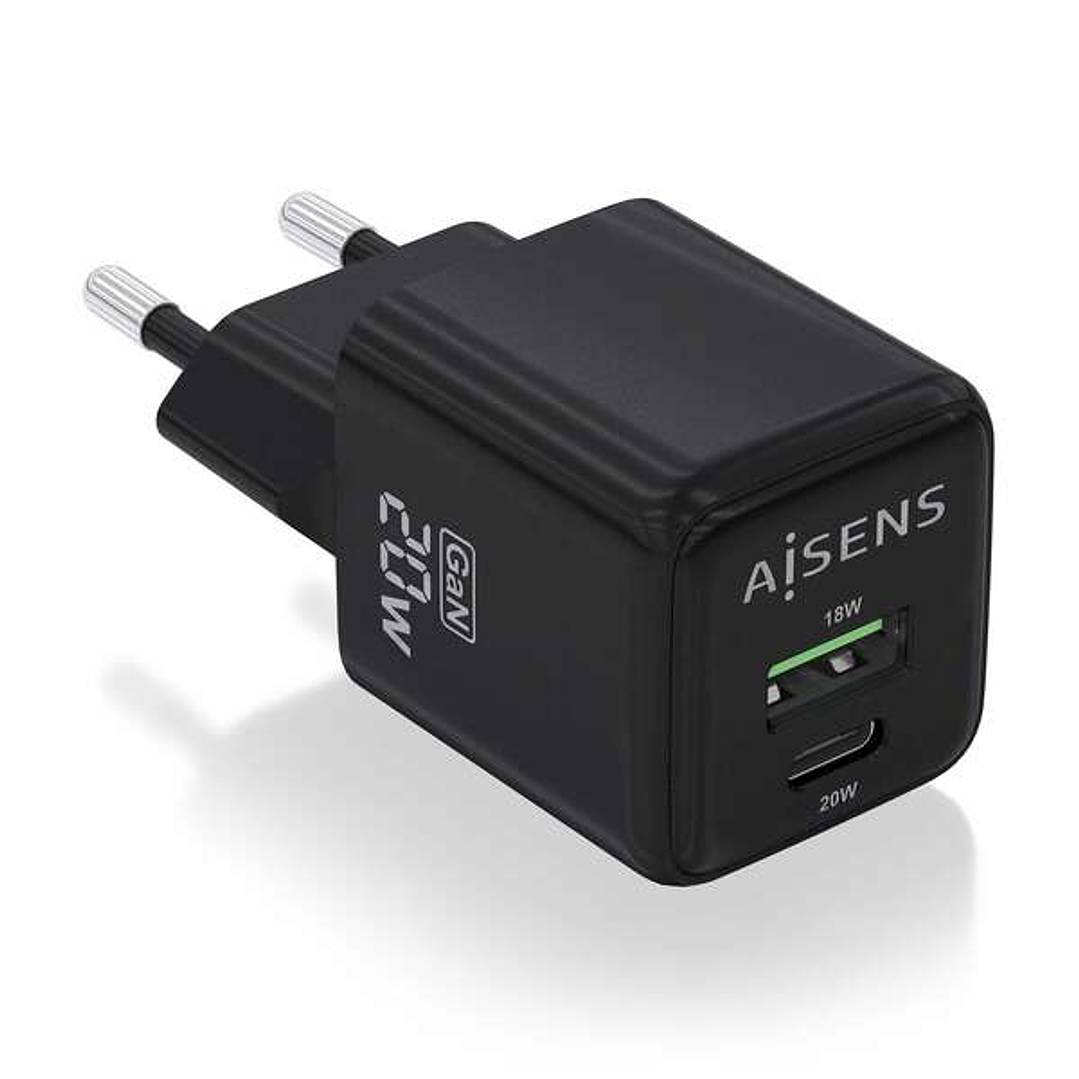 Aisens Cargador Gan 20W - 1xUSB-C PD3.0 QC4.0 - 1xUSB-A QC3.0 - Color Negro 1