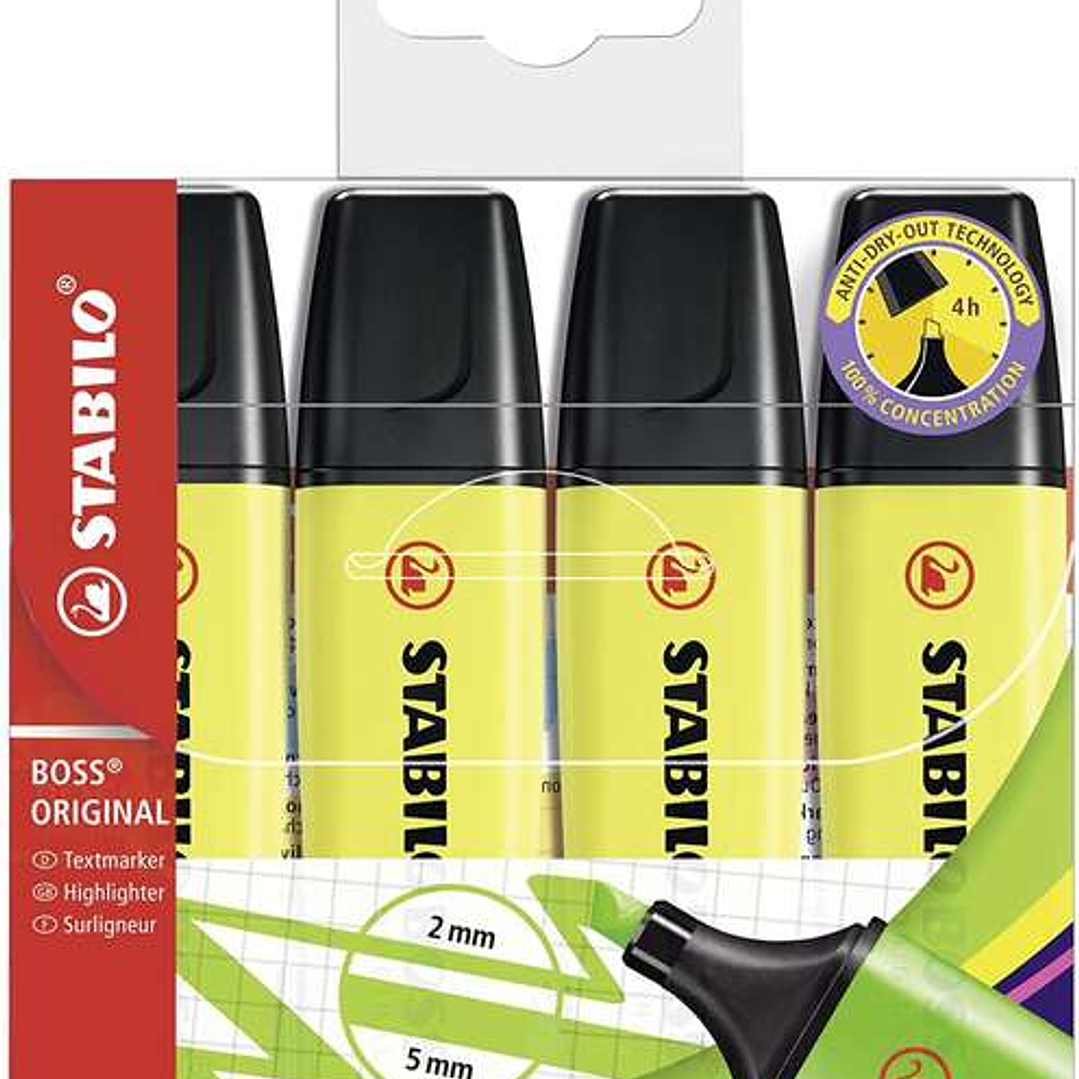 Stabilo Boss 70 Pack de 4 Marcadores Fluorescentes - Trazo entre 2 y 5mm - Recargable - Tinta con Base de Agua - Color Amarillo Fluorescente 1