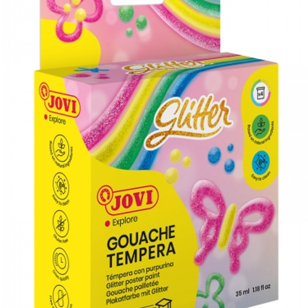 Jovi Glitter Gouache Estuche de 4 Botes de Tempera 35ml - Tempera Liquida Base Agua - Particulas de Purpurina - Excelente Rendimiento - Secado Rapido  1