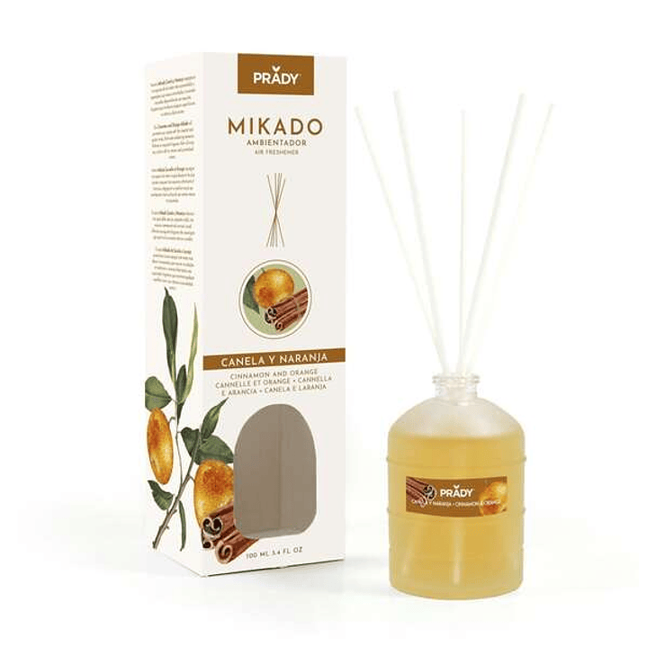 Prady Ambientador Mikado Canela y Naranja - Frasco de Cristal 100ml y Varitas Difusoras 1