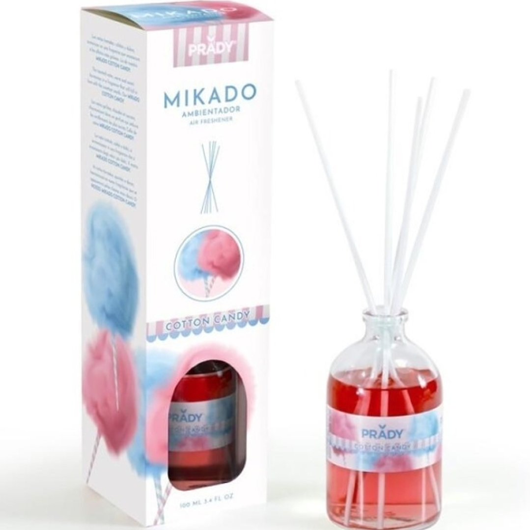 Prady Ambientador Mikado Algodon de Azucar - Frasco de Cristal 100ml y Varitas Difusoras 1