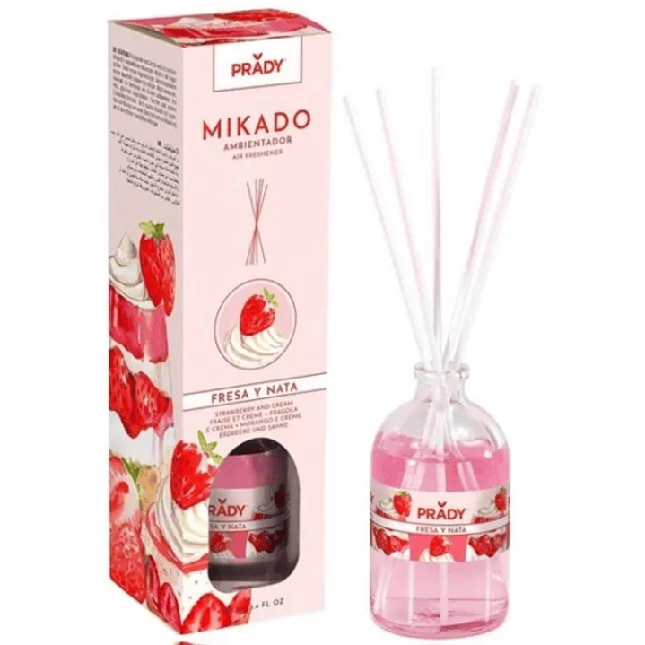 Prady Ambientador Mikado Fresas y Nata - Frasco de Cristal 100 ml y Varitas Difusoras 1