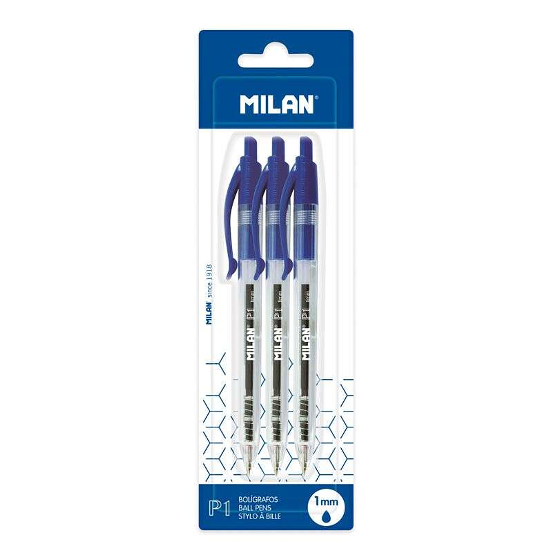Milan P1 Pack de 3 Boligrafos de Bola Retractiles - Punta Redonda 1mm - Cuerpo Transparente - Color Azul 1