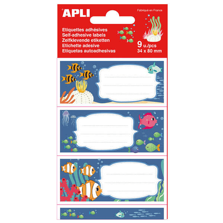 Apli Etiquetas Adhesivas Escolares Fondos Marinos - Tamaño 81x36mm - Adhesivo Permanente de Alta Calidad - Ideal para Identificar Libros y Cuadernos - 1