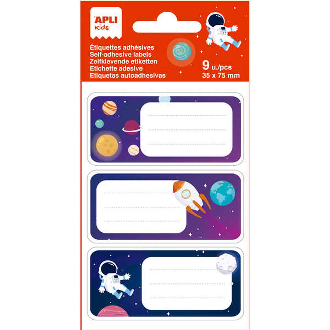 Apli Etiquetas Adhesivas Escolares Planetas - Tamaño 81x36mm - 9 Etiquetas en 3 Hojas - Adhesivo Permanente de Alta Calidad - Diseño Planetas - Color  1