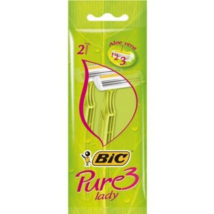 Bic Pure 3 Lady Pack de 2 Maquinillas de Depilacion Desechables de 3 Hojas - Tira Lubricante con Aloe Vera 1