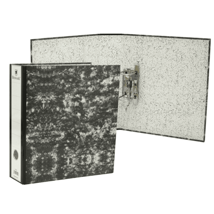 Bismark Archivador A-Z Jaspeado Folio Lomo 75mm - Carton Forrado - Tarjetero en el Lomo - Mecanismo de Palanca - Color Negro Jaspeado 1