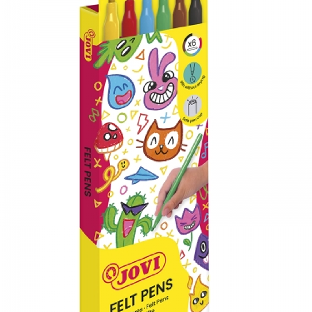 Jovi Felt Pens Estuche de 6 Rotuladores - Tinta de Gran Fijacion - Punta de 3mm - Capuchon de Seguridad Ventilado - Grip Triangular Ergonomico - Trazo 1