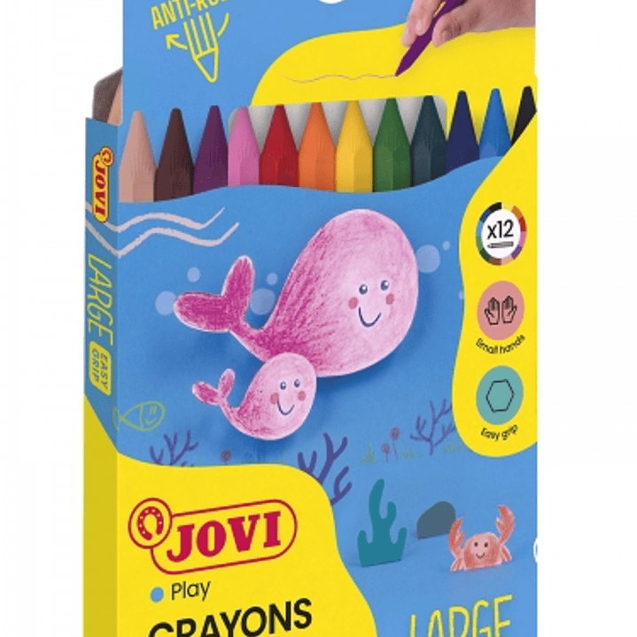 Jovi Large Easy Grip Pack de 12 Ceras Plasticas Hexagonales - Facil de Sacar Punta - No Mancha - Ideal para Manos Pequeñas - Colores Surtidos 1