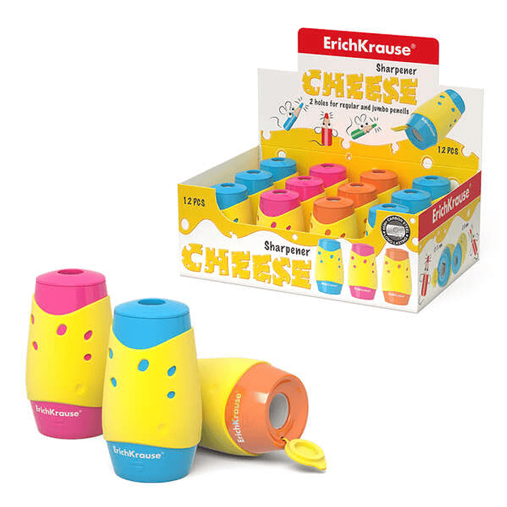 Erichkrause Cheese Sacapuntas con Deposito - 2 Orificios de 8 y 11mm - Diseño de Queso - Hoja de Acero al Carbono - Colores Surtidos 1