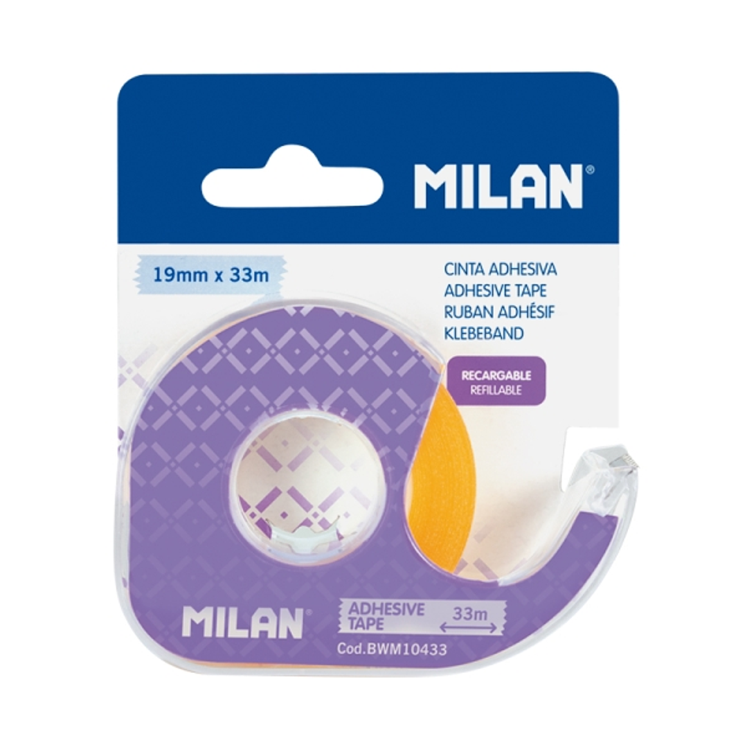 Milan Portarrollos con Cinta Adhesiva - Cinta Amarillo Transparente - Hoja de Corte Metalica - 19mm x 33m - Color Lila 1