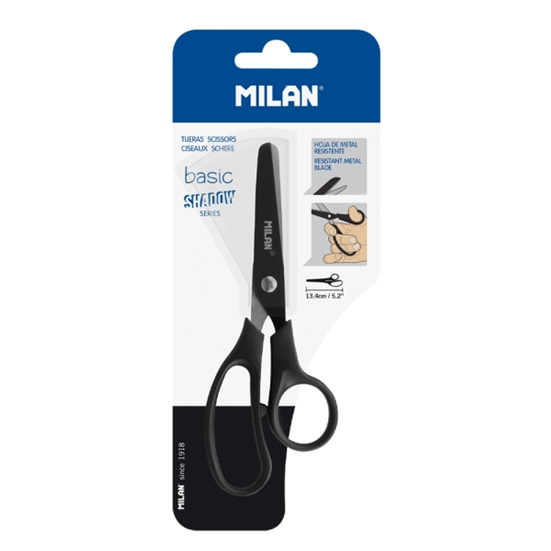 Milan Basic Shadow Tijeras de 13.4cm - Mango Ergonomico - Punta Redondeada - Hoja de Acero Inoxidable - Color Negro 1