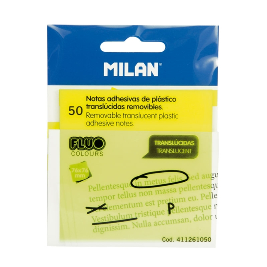Milan Fluo Pack de 50 Notas Adhesivas - Translucidas - Removibles - 76x76mm - Color Amarillo 1