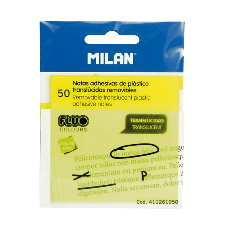 Milan Fluo Pack de 50 Notas Adhesivas - Translucidas - Removibles - 76x76mm - Color Amarillo 1